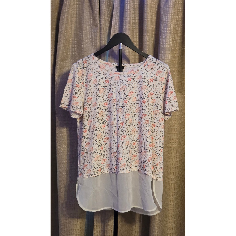 Ann Taylor Floral Print Sheer Tiered Hem Blouse Women's Size Large White Pink